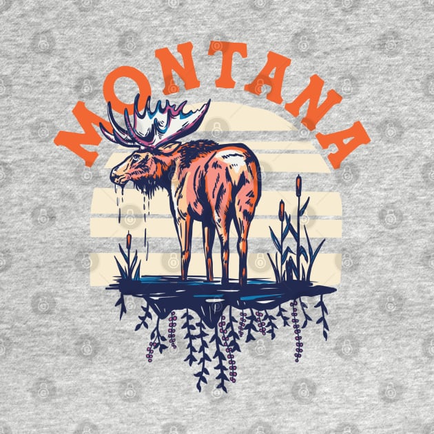 Big Sky Country Montana. Cool Retro Shirt Art Featuring A Moose by The Whiskey Ginger